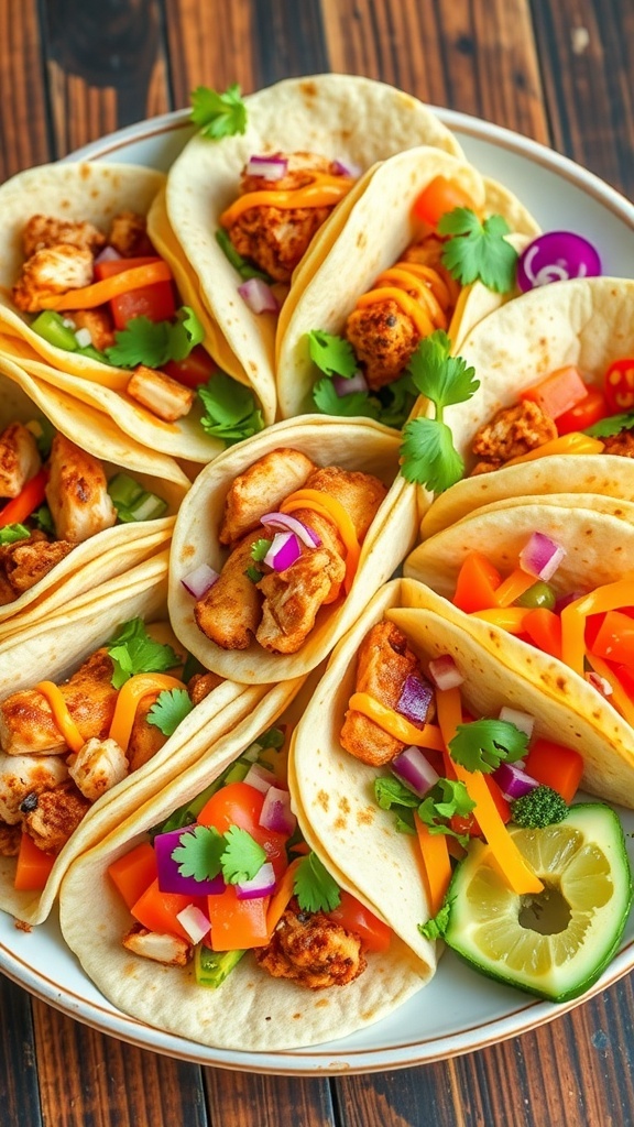 A plate of zero carb tortillas filled with chicken wraps, breakfast burritos, and tacos, garnished with vegetables.